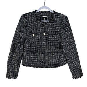 Ted Baker London Womens Black White Tweed Fringe Jacket Faux Leather Trim Size 3